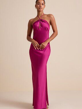 Lulus Gracie Magenta Satin Halter Neck Maxi Dress Pink - Size M